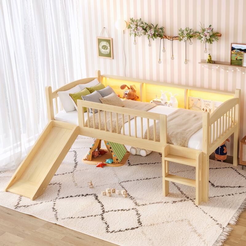 Kids Wood Low Loft Bed Frame with Storage Shelves, LED Light Strips, Curved Headboard, Safety Guardrails and Reversible Slide - Natural - Twin