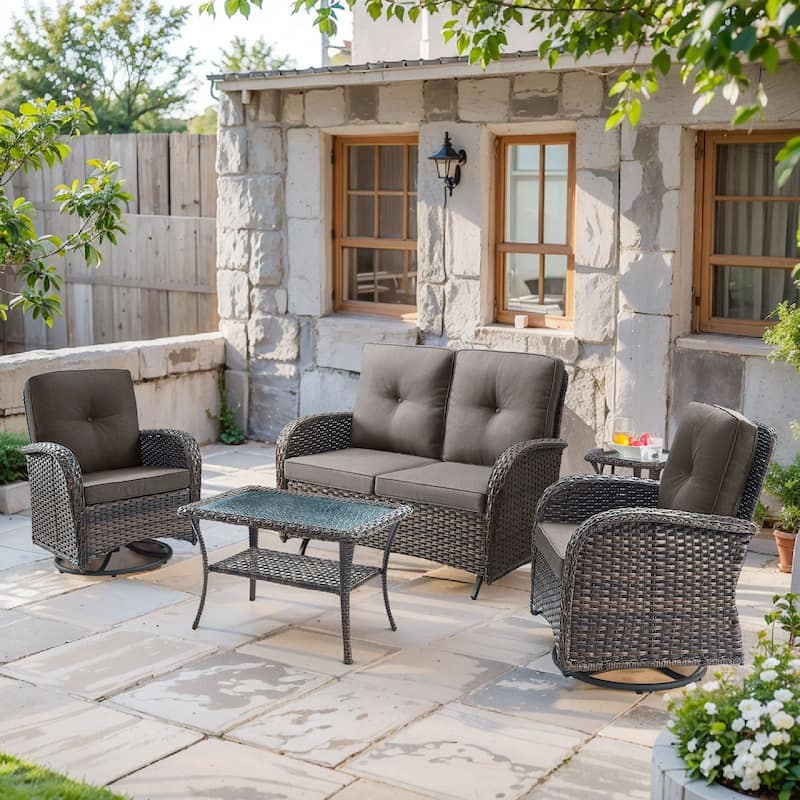 Pocassy 5 Pieces Glider Sofa with Swivel Chairs Ottomans - Brown Wicker - Gray cushion