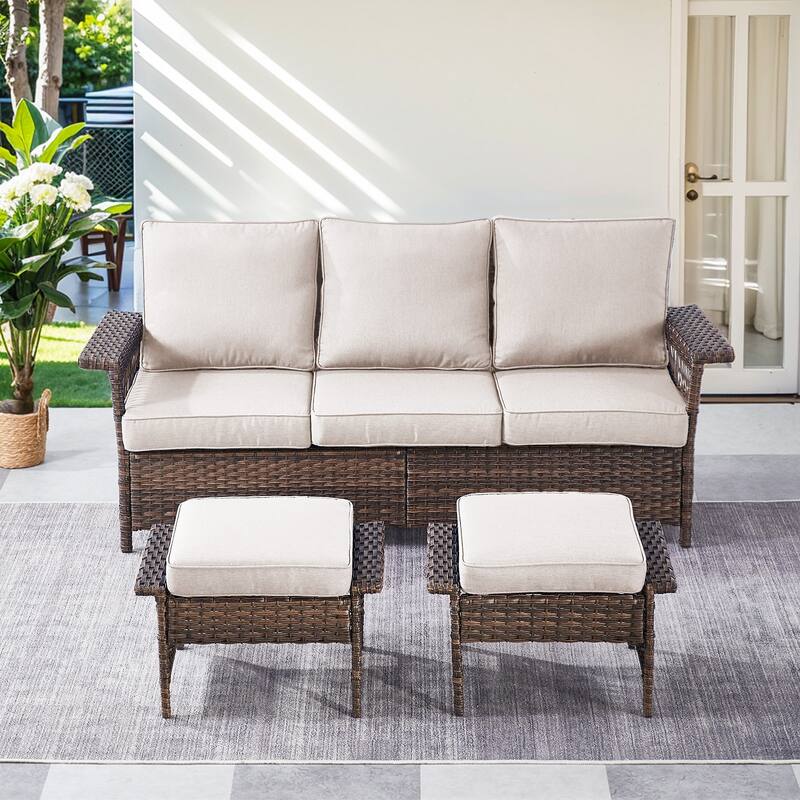 Outdoor Glider Chair with Soft Cushion - Brwon Wicker Beige Cushion - 3PCS Patio Sofa with Ottoman