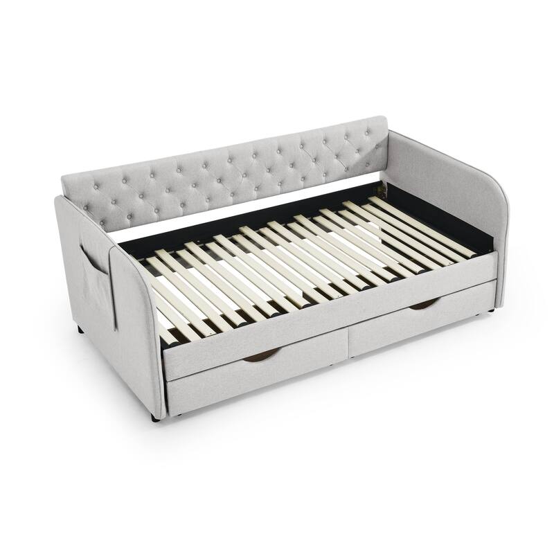 Roomfitters Twin Upholstered Daybed with Trundle, Underbed Storage and Flat Arms with Side Pocket, Extendable Design