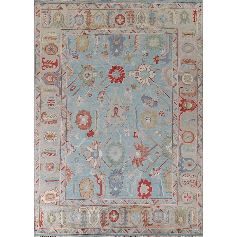 Light Blue Oushak Style Area Rug Handmade Wool Carpet - 9'0" x 11'9"