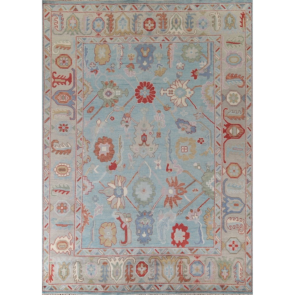 Light Blue Oushak Style Area Rug Handmade Wool Carpet - 9'0" x 11'9"