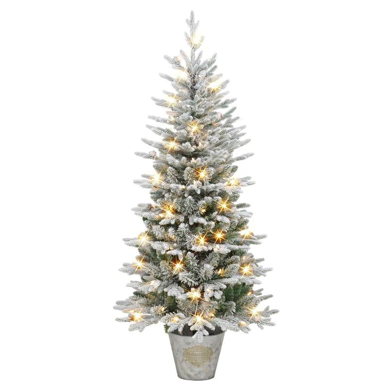 Pre-lit Potted Flocked Pine Medium Artificial Christmas Tree - 6’ - Clear Lights - 6 Foot