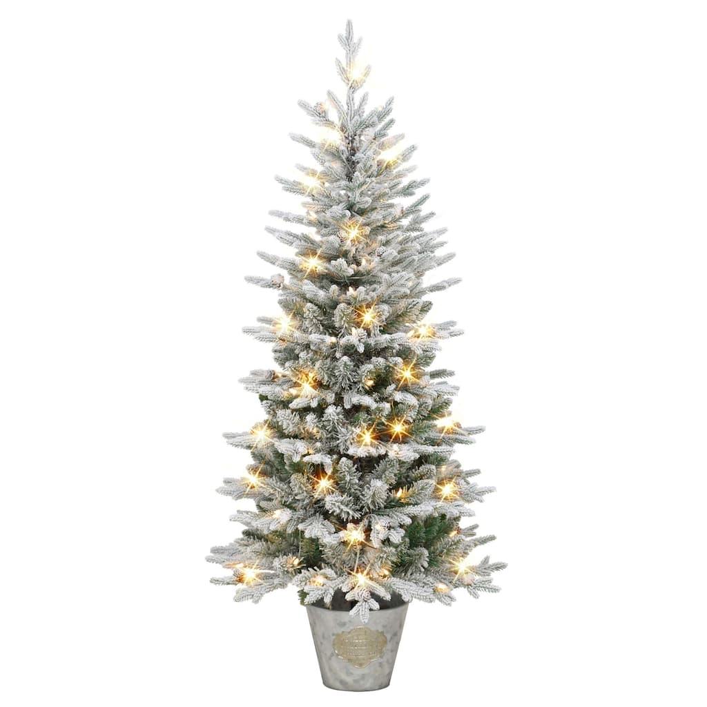 Pre-lit Potted Flocked Pine Medium Artificial Christmas Tree - 6’ - Clear Lights - 6 Foot