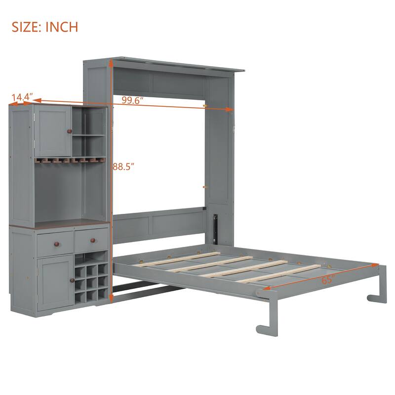 Queen Size Murphy Bed with Storage, Wine Rack, LED Lighting, and Drawers, Gray
