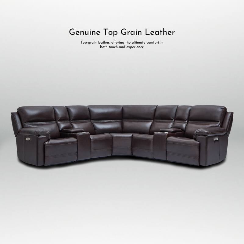 7PCS, 2 power Recliners, Dual-Power Genuine Leather Reclining Sectional with Console, Zero Gravity