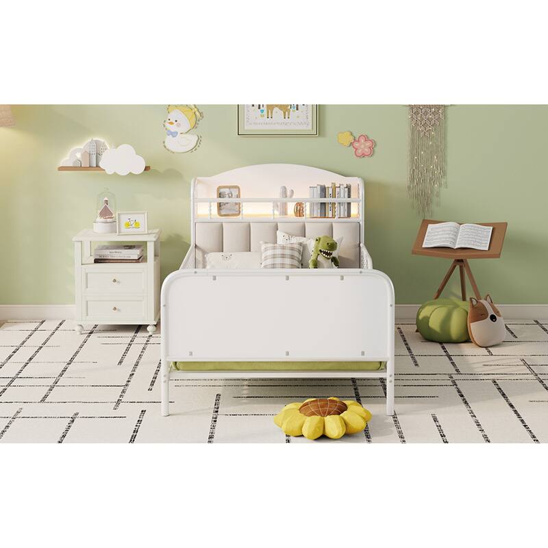 Roomfitters Twin/Full Metal Platform Bed, LED Storage Headboard and Guardrails with Metal Frame for Bedroom or Guest Room