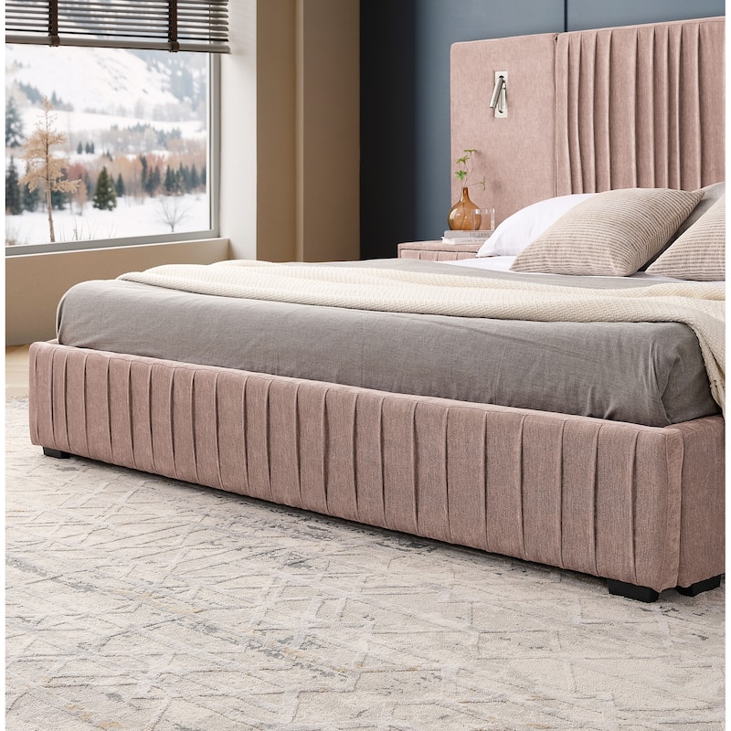 Chenille Upholstered Pleated Platform Bed Frame Wingback Headboard with Side Tables and Adjustable Lamps