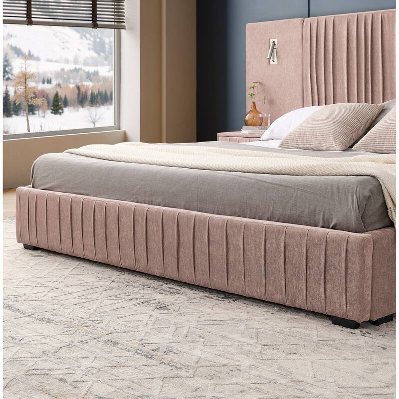 Roomfitters King Upholstered Chenille Platform Bed with Pleated Headboard and Built-In Bedside Tables, Solid Frame