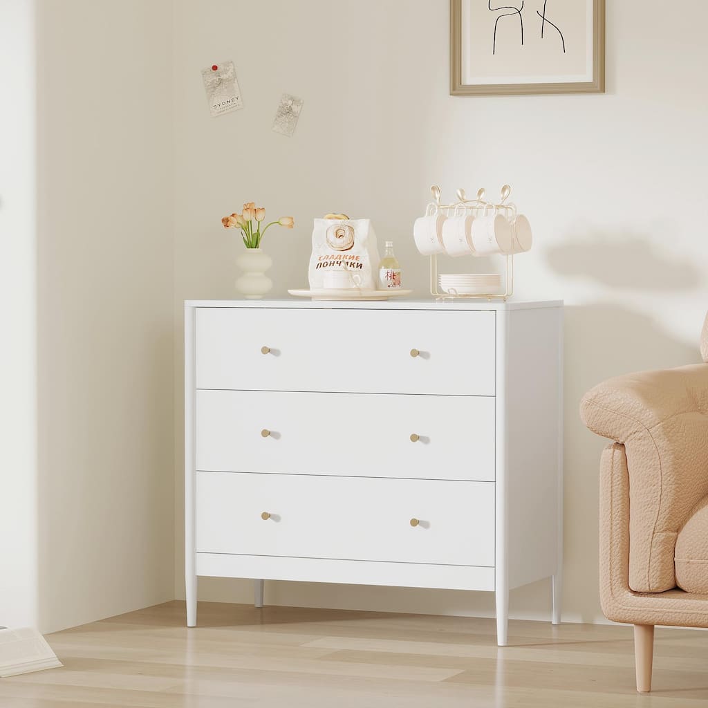 3 Drawer Dresser Chest, Modern White Storage Cabinet, MDF Wood Organizer for Bedroom, Living Room, Entryway