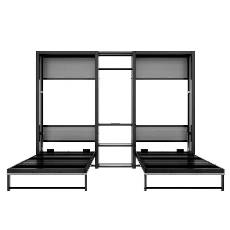 Roomfitters Twin and Twin Metal Foldable Murphy Bed with Wardrobe, Shelves & Power Outlets, 2-in-1 Space-Saving Design