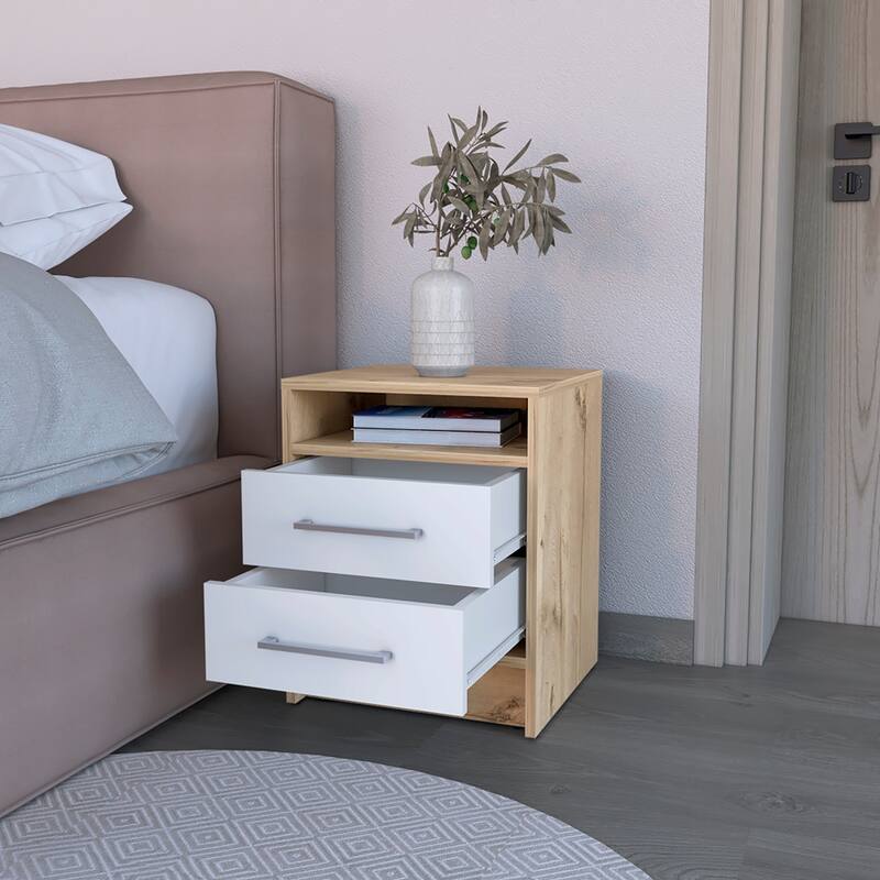 Two-Drawer Nightstand, White and Light Oak Finish