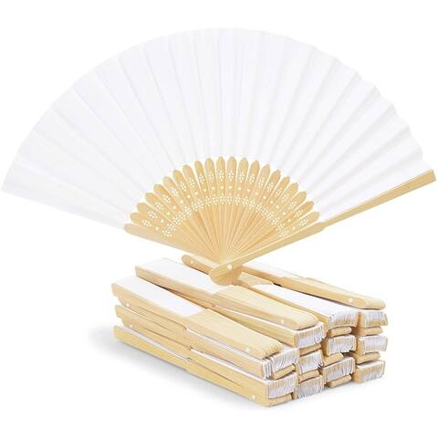 24 Pack Bamboo Hand Fan for Women, 8 Inch White Folding Hand Held Fan - 8"