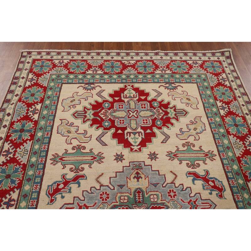 Hand Knotted Oriental 100% Wool Carpet Traditional Geometric Beige & Ivories Kazak Area Rug - 8' 0'' X 5' 8''