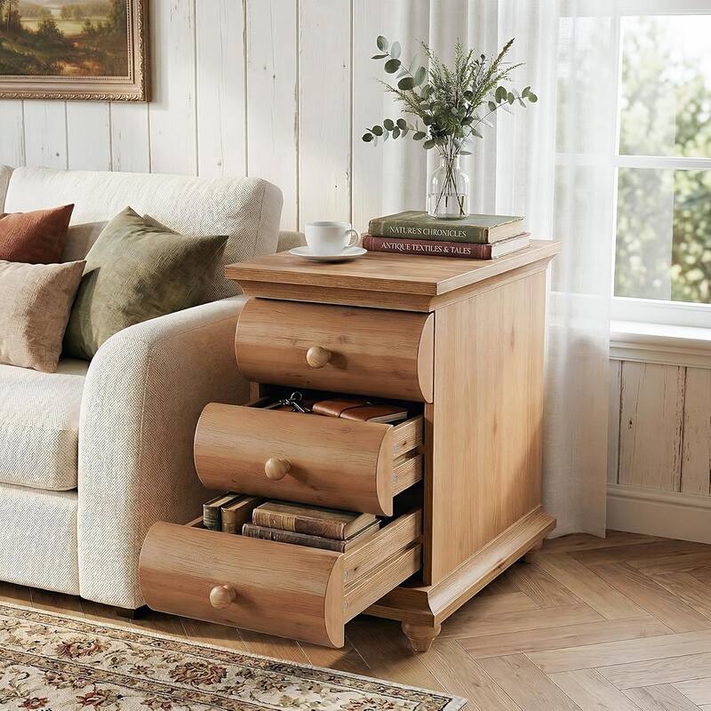 Solid Wood End Table, 3 Drawers Narrow Sofa Side Table with Finished Back - 1-Piece