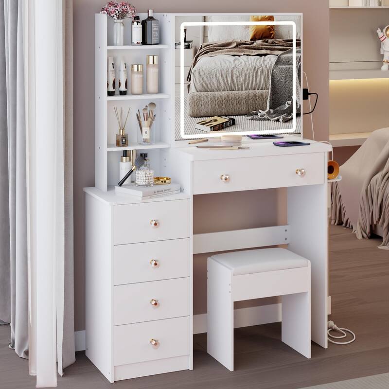 37" Middle Size Left Bedside Cabinet Vanity Table + Cushioned Stool Dresser Set, Large Touch Control LED Sliding Mirror