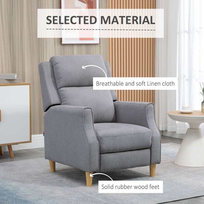 HOMCOM Fabric Recliner Chair, Modern Push Back Reclining Chair, Overstuffed Seating with Footrest, Solid Wood Legs, Gray
