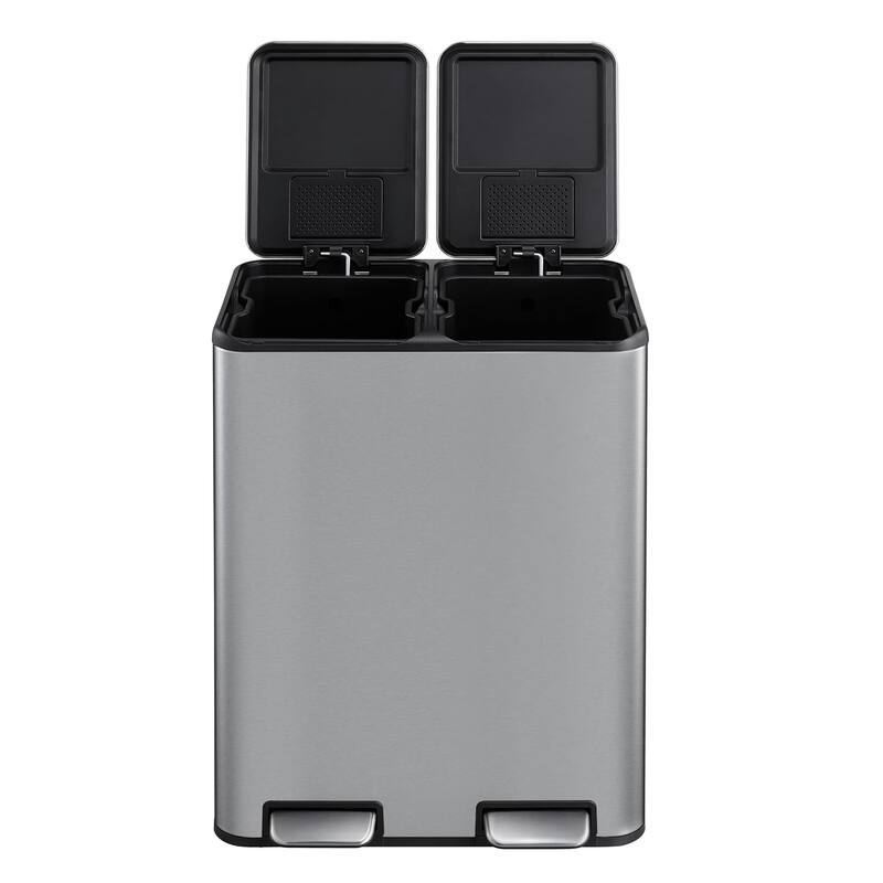 16 Gallon/60 L Kitchen Stainless Steel Dual Garbage Can with Soft-Close Lid - Silver