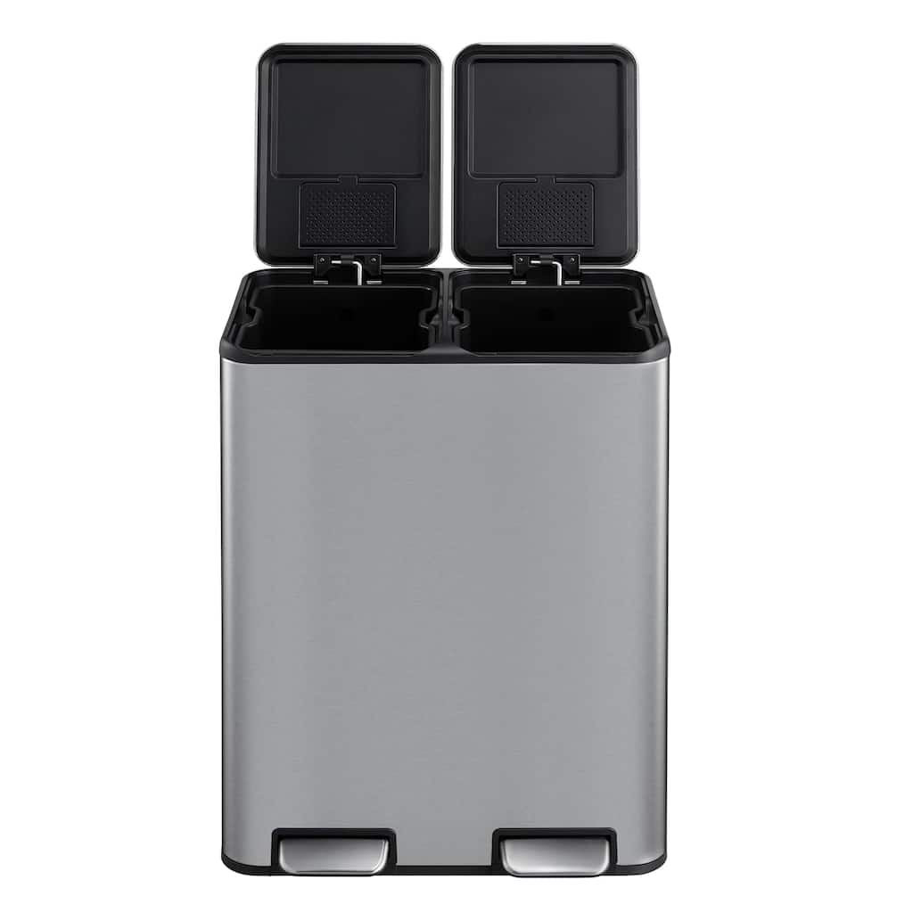 16 Gallon/60 L Kitchen Stainless Steel Dual Garbage Can with Soft-Close Lid