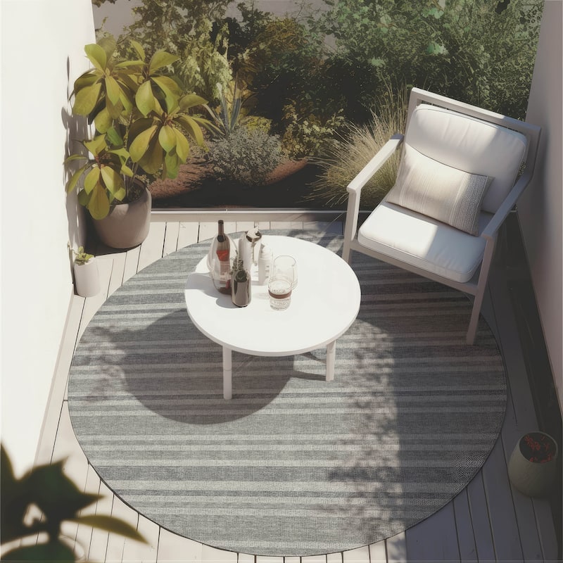 Machine Washable Indoor/ Outdoor Thin Cabana Stripe Chantille Rug - Silver - 8' x 8'