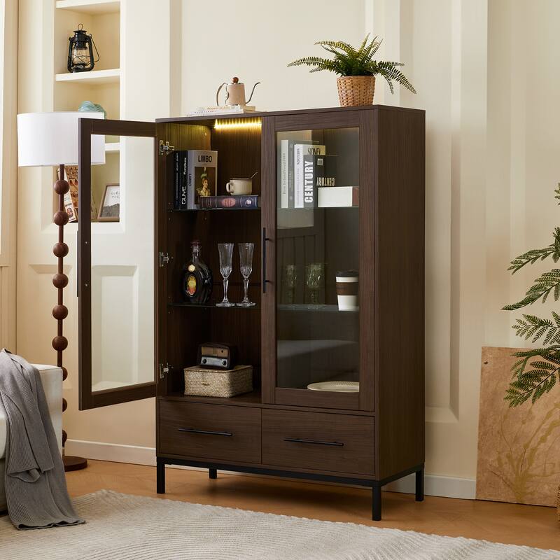60'' Tall Display Cabinet with Tempered Glass Door, LED Lighting, Two Drawers, Modern Style Storage Cabinet