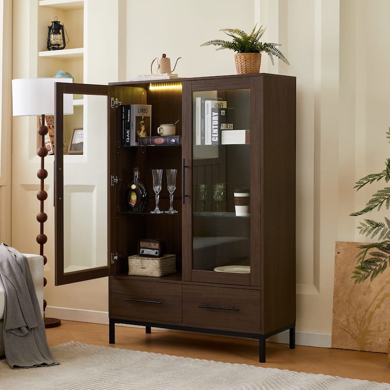 Display Cabinet Floor Cabinet with LED Light Strips, Accent Cabinet File Cabinet Base Cabinet with Metal Legs