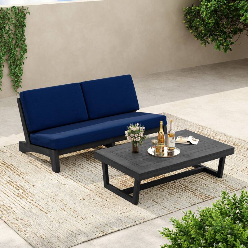 3-Seat Outdoor Sofa Set with Solid Wood Coffee Table, Weather-Resistant Cushions - Blue/Coffee Table - Black Wood