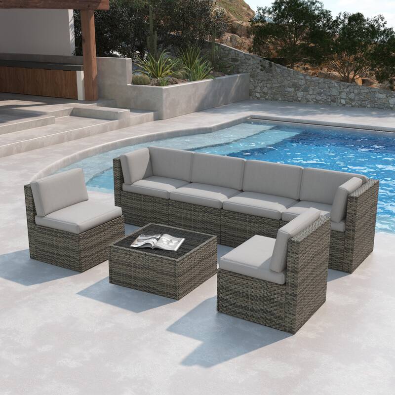 7-Piece Patio Wicker Sets Rattan Sectional Sofa With Cushions