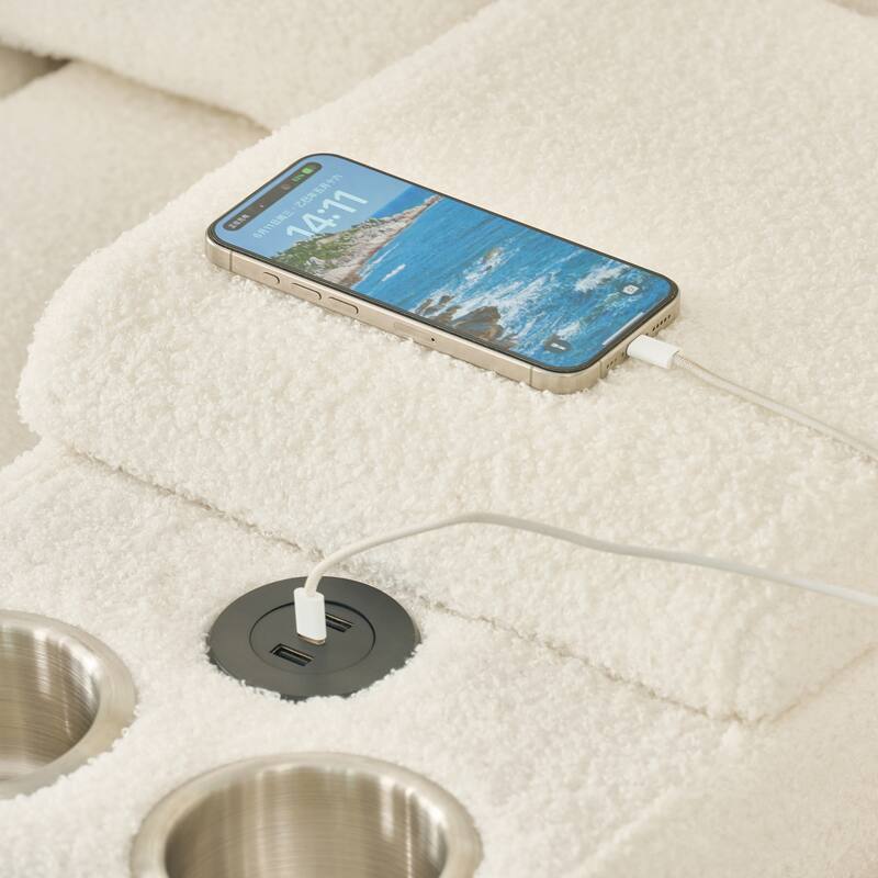 91.7" Modern Teddy Sectional Sofa with Storage Console, USB Ports & Cup Holders, Upholstered L-Shaped Couch with Chaise Lounges