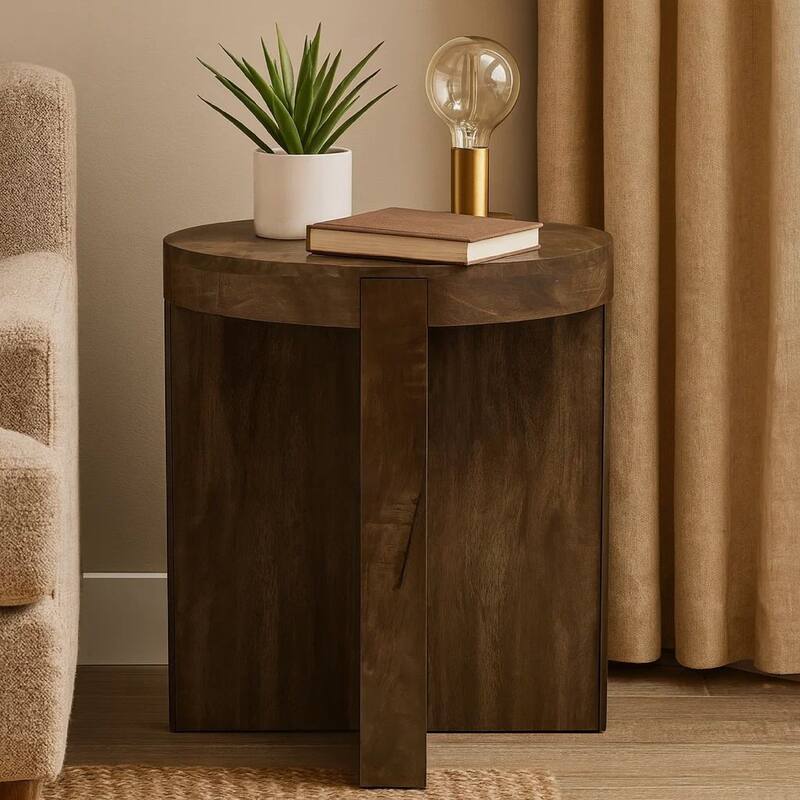 Kinaj Side End Table, Dark Brown Solid Mango Wood, Round 20 Inch
