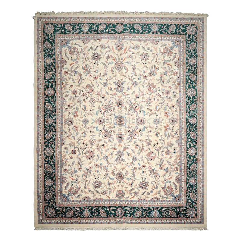 12x15 Hand Knotted Wool Cream Kashaan Traditional Botanical Plush Pile Area Rug - 12' x 15'