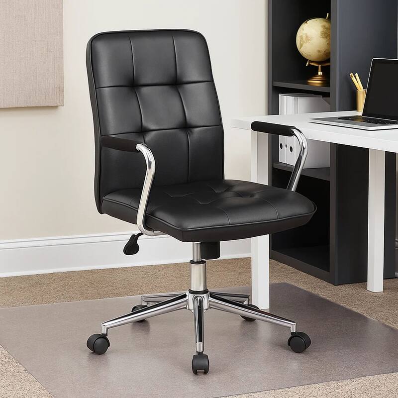Sela Swivel Office Armchair, Tufted Black Seat & Back, Chrome Base