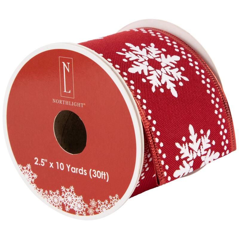Red and White Snowflake Wired Craft Christmas Ribbon 2.5" x 10 Yards