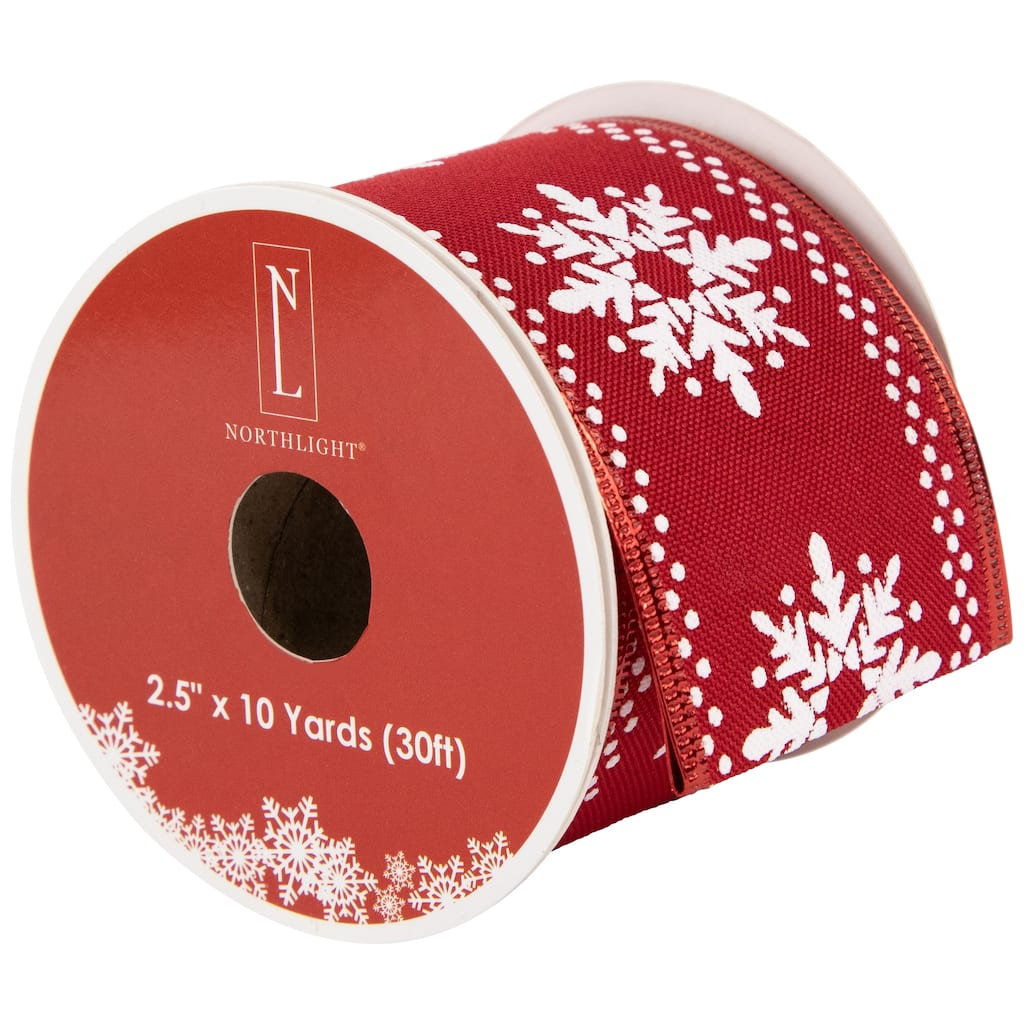 Red and White Snowflake Wired Craft Christmas Ribbon 2.5" x 10 Yards