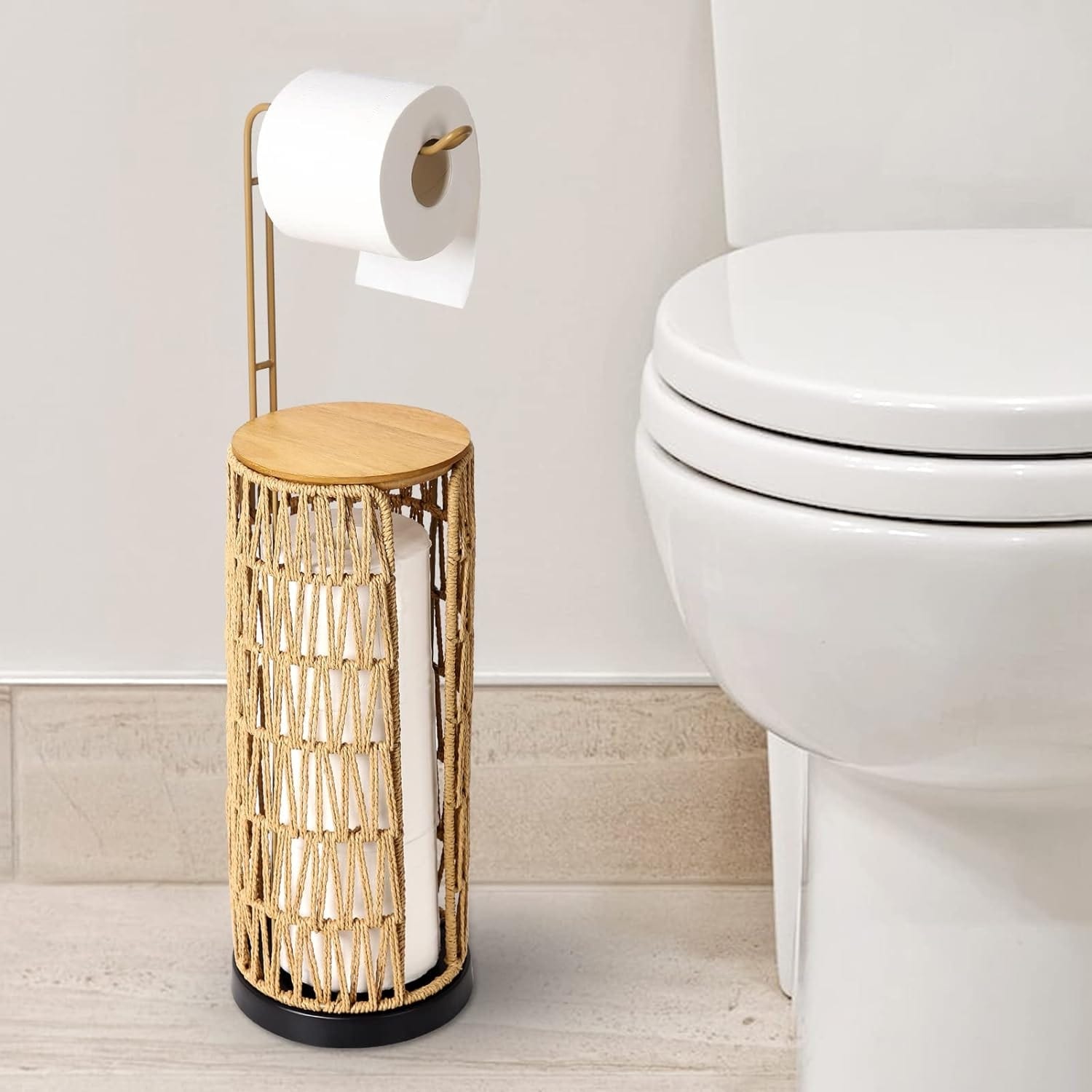 Freestanding Rattan Toilet Paper Holder with Storage Handmade Woven Toilet Paper Roll Holder Stand Natural Wood