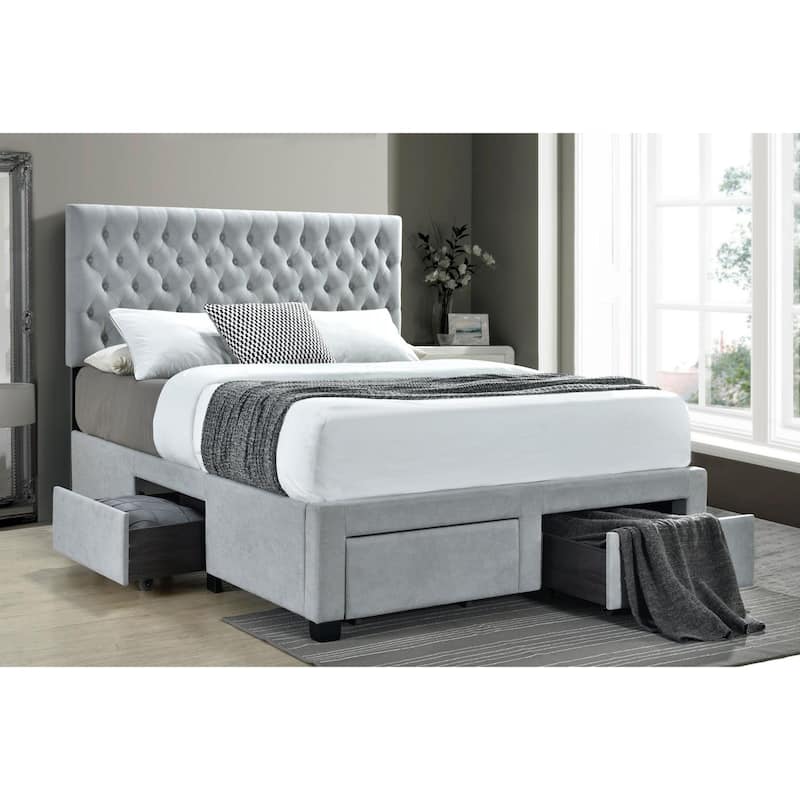 Light Grey Tufted 4-Drawer Full Storage Bed with Elegant Headboard - Grey