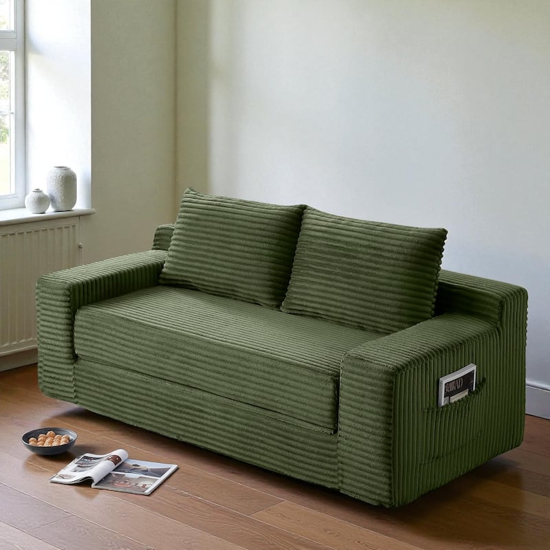 Memory Foam Cloud Loveseat, 2-in-1 Convertible Corduroy Folding Couch Bed, No-Assembly Floor Sofa with Storage Pockets
