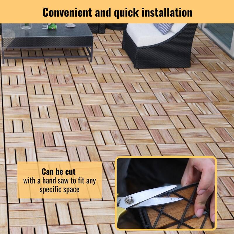30 PCS Interlocking Deck Tiles Checker Pattern, 12" x 12" Square Acacia Hardwood Outdoor Flooring for Patio,Bancony,Pool Side