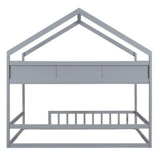 Gray Pine Wood Playhouse Bed with Roof, Fence & Storage Shelf