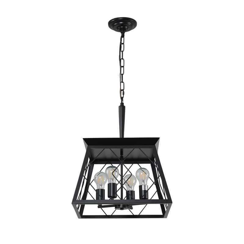 16" Black Industrial 4-Light Pendant Chandelier, Modern Metal Cage Design, Adjustable Hanging Light for Dining Room, (No Bulbs)