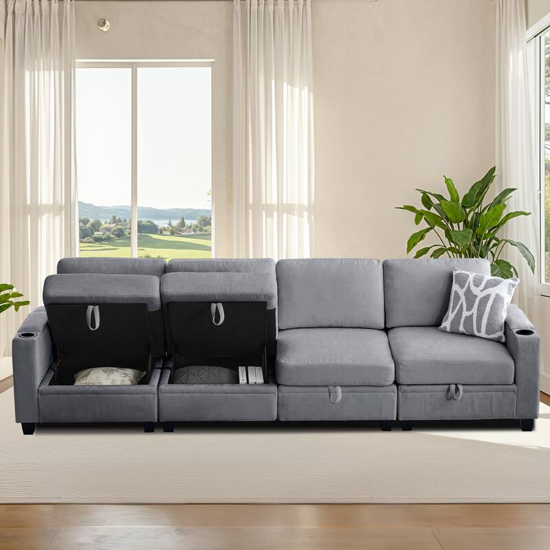 Chenille Sectional Sofa, Hidden Storage & Modular Design