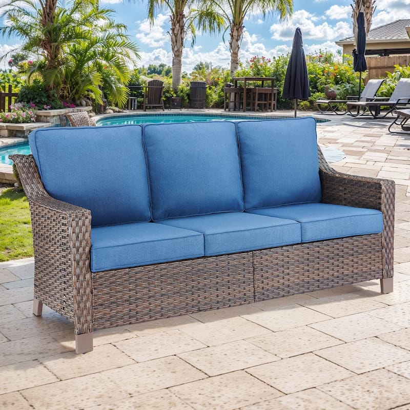 Gymojoy Patio High Back Sofa Outdoor Sofa with Cushion - Brown - Blue