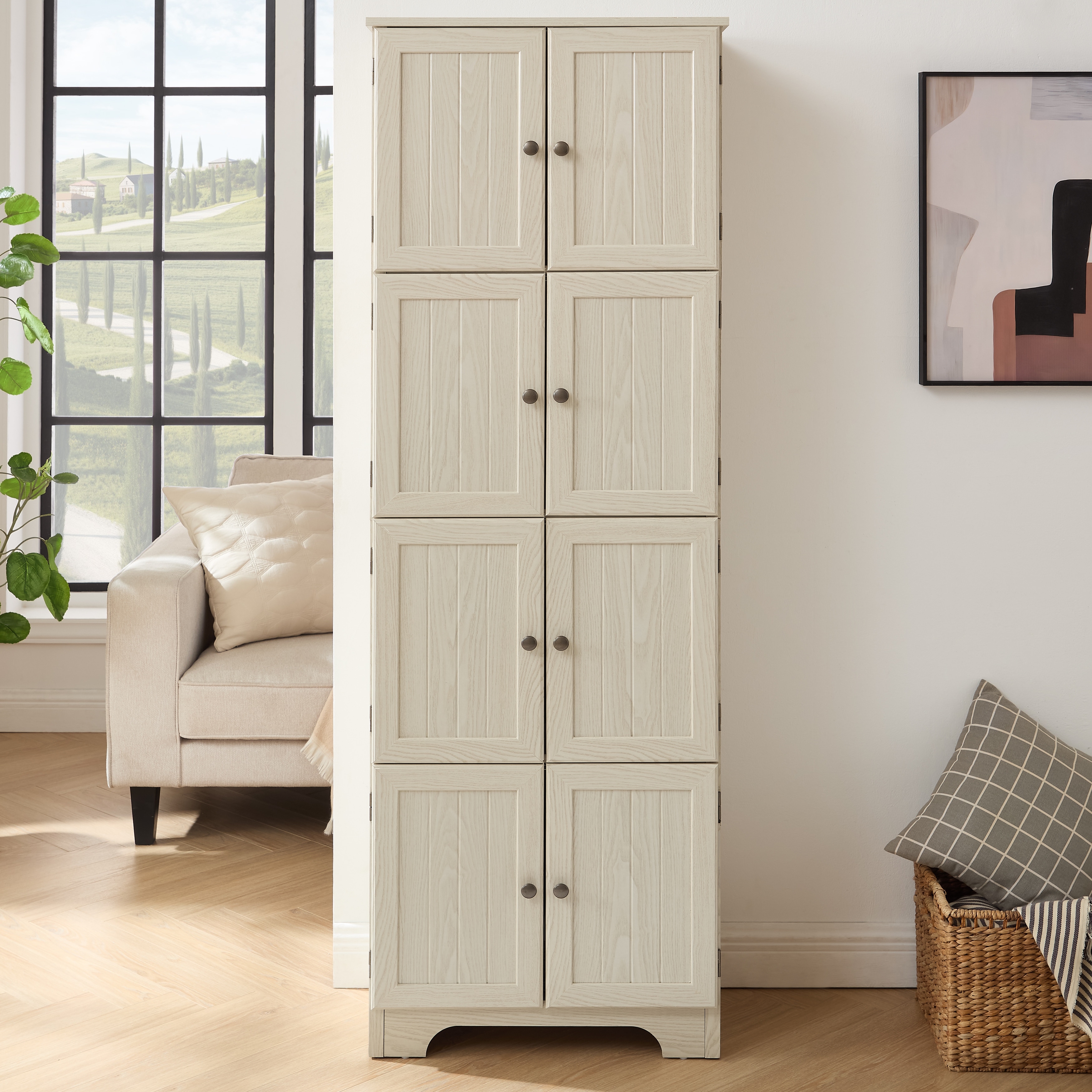Tall Storage Cabinet White Pantry Cabinet with 8 Doors, Corner Cabinet Side Cabinet Hallway Cabinet for Kitchen