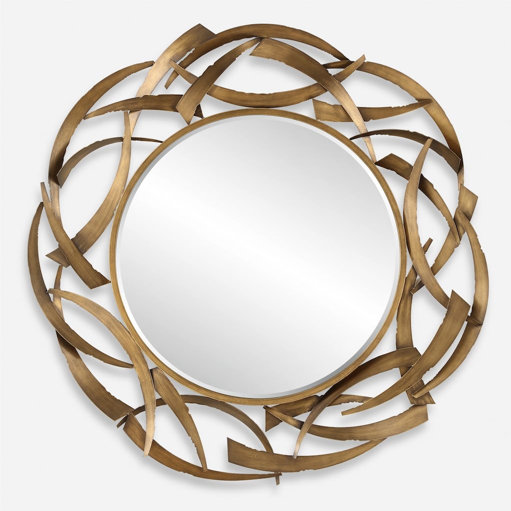 Jagged Crescent Framed Round Wall Mirror - 55" - Antique Bronze Finished