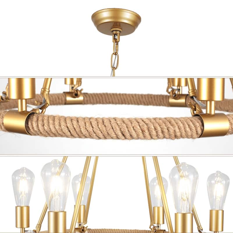 6-Light Farmhouse Chandelier, Modern Wagon Wheel Chandelier for Dining Room Living Room Bedroom Kitchen - W22.83"x H23.26"