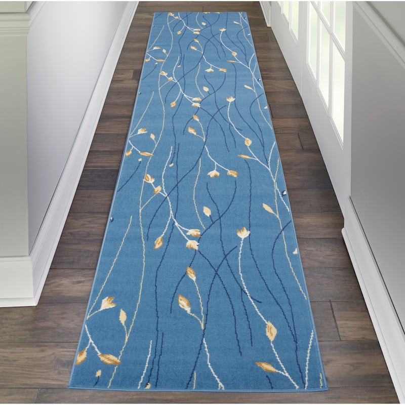 Nourison Grafix Floral Botanical Transitional Area Rug - 2'3" x 12' Runner - Light Blue