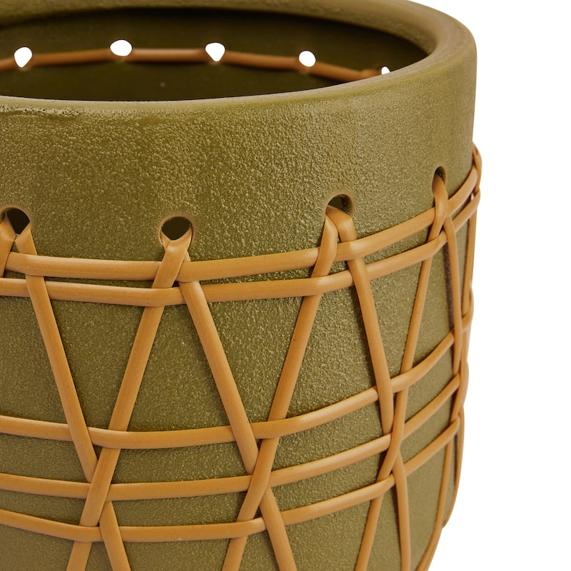 Stoneware Planter with Woven Design - 10.4"L x 10.4"W x 9.9"H
