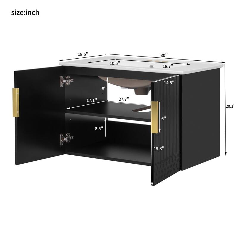 Modern 30 Inch Bathroom Vanity with Sink, Wall-Mount Cabinet with 2 Doors, Black Finish, Solid Wood and Ceramic Basin