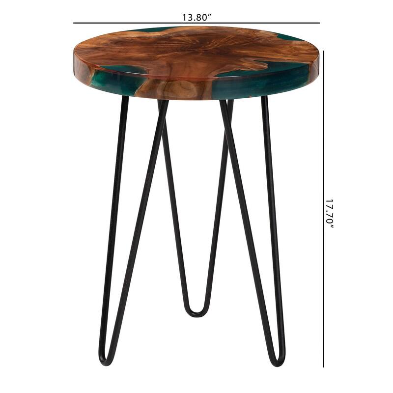 Anan Teak Wood Epoxy Resin End Table - Round Live Edge Side Table with Black Metal Legs, Handcrafted Modern Rustic Accent Table
