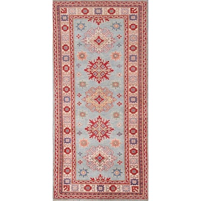 Light Blue Geometric Kazak Runner Rug Hand-Knotted Wool Carpet - 2'8" x 6'6"